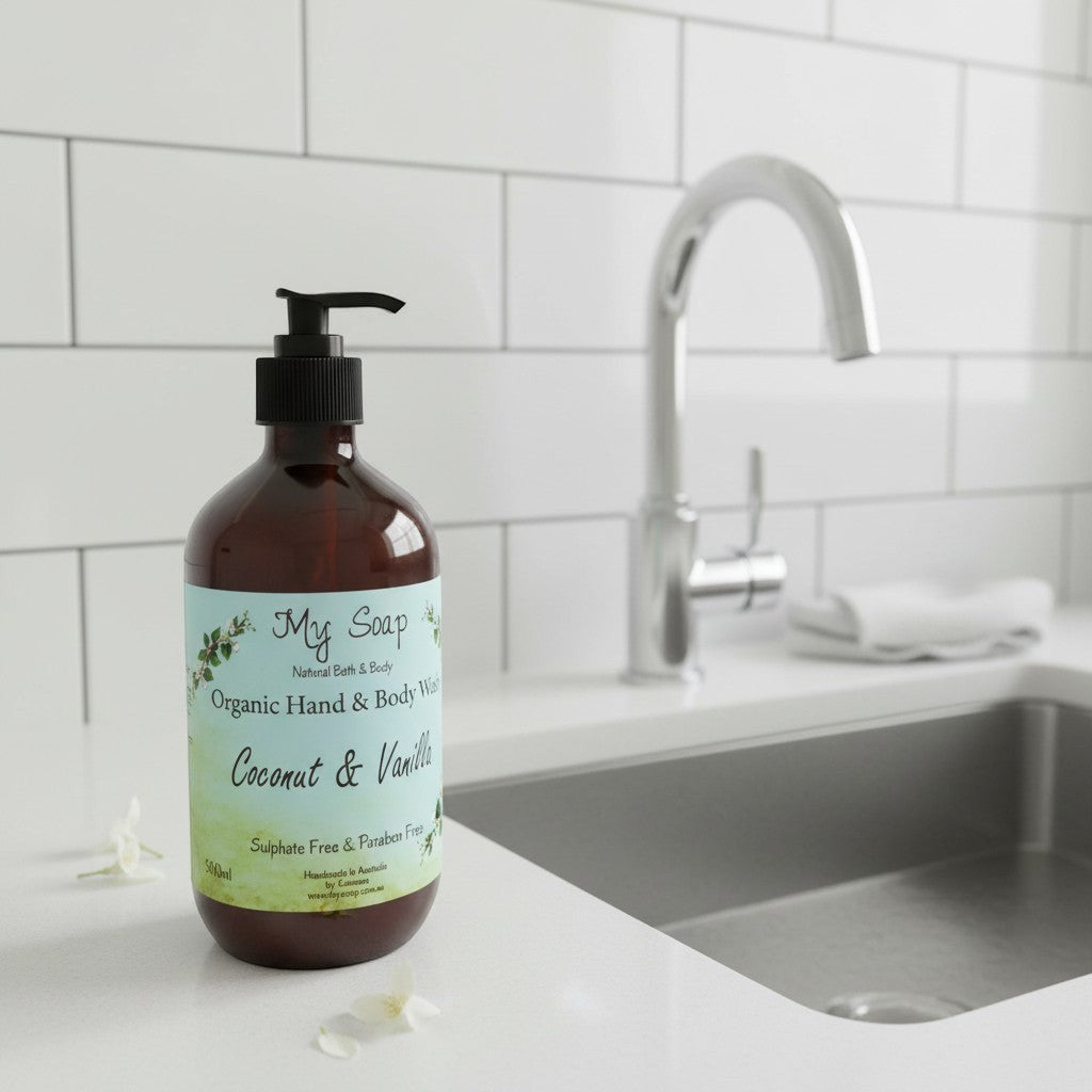 My Soap Coconut & Vanilla Organic Hand & Body Wash 500ml, sulphate & paraben free, in a brown pump bottle.