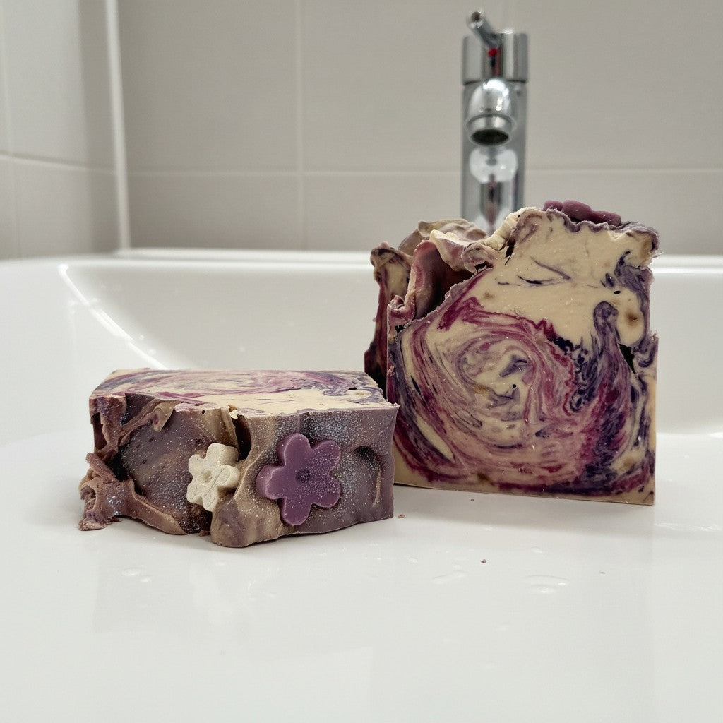 My Soap Sweet Pea & Jasmine handmade soap with purple and cream swirls and floral accents.