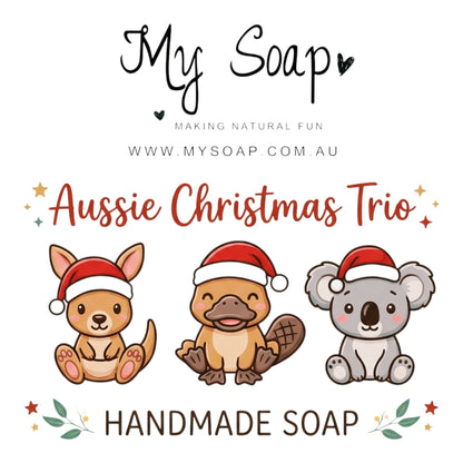 My Soap Aussie Christmas Trio featuring cute kangaroo, platypus, and koala handmade soaps wearing festive Santa hats.