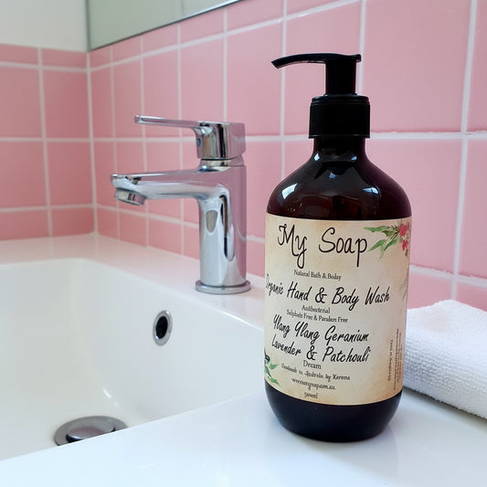 My Soap organic hand & body wash with Ylang Ylang, Lavender, Patchouli, Geranium in a 500ml pump bottle.