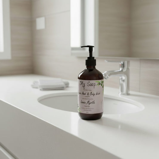 My Soap Lemon Myrtle organic hand and body wash in a 500ml amber pump bottle on a bathroom counter.