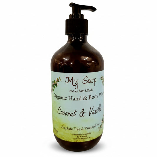 My Soap Coconut & Vanilla Organic Hand & Body Wash 500ml, sulphate and paraben free liquid castile soap with pump.