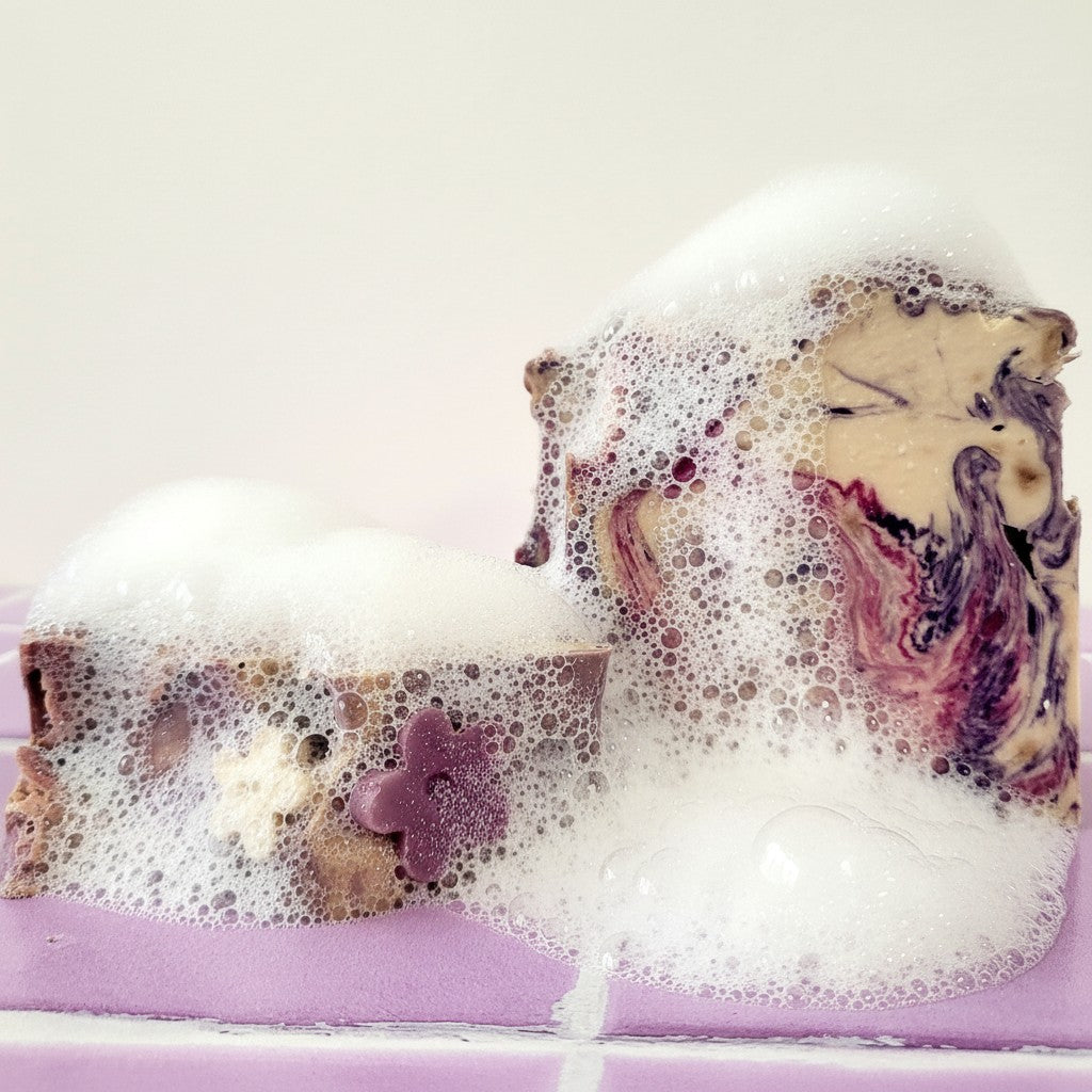 My Soap Sweet Pea & Jasmine artisanal soap with purple floral embeds, marbled with purple and cream, covered in rich lather.