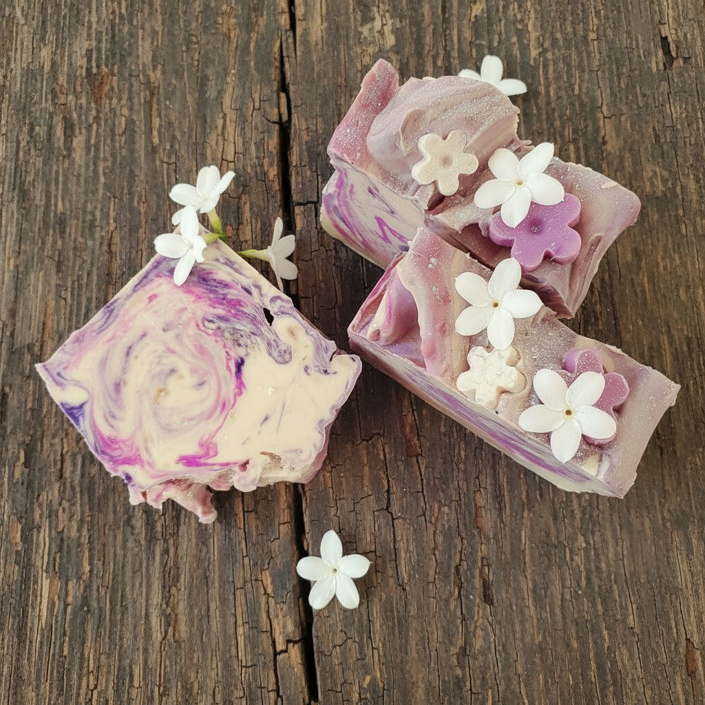 My Soap Sweet Pea & Jasmine artisanal soap with swirls of purple and cream, topped with white and purple floral accents.