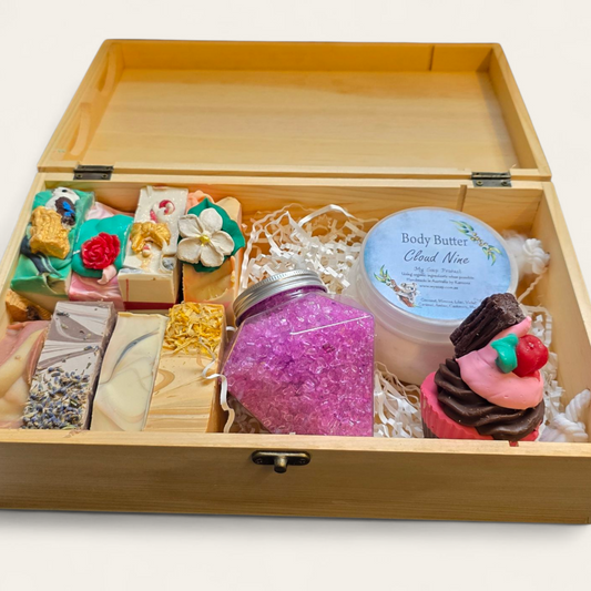 Timber Gift Box with Eight Soaps, Epsom Salts & Body Butter plus a Cupcake Soap
