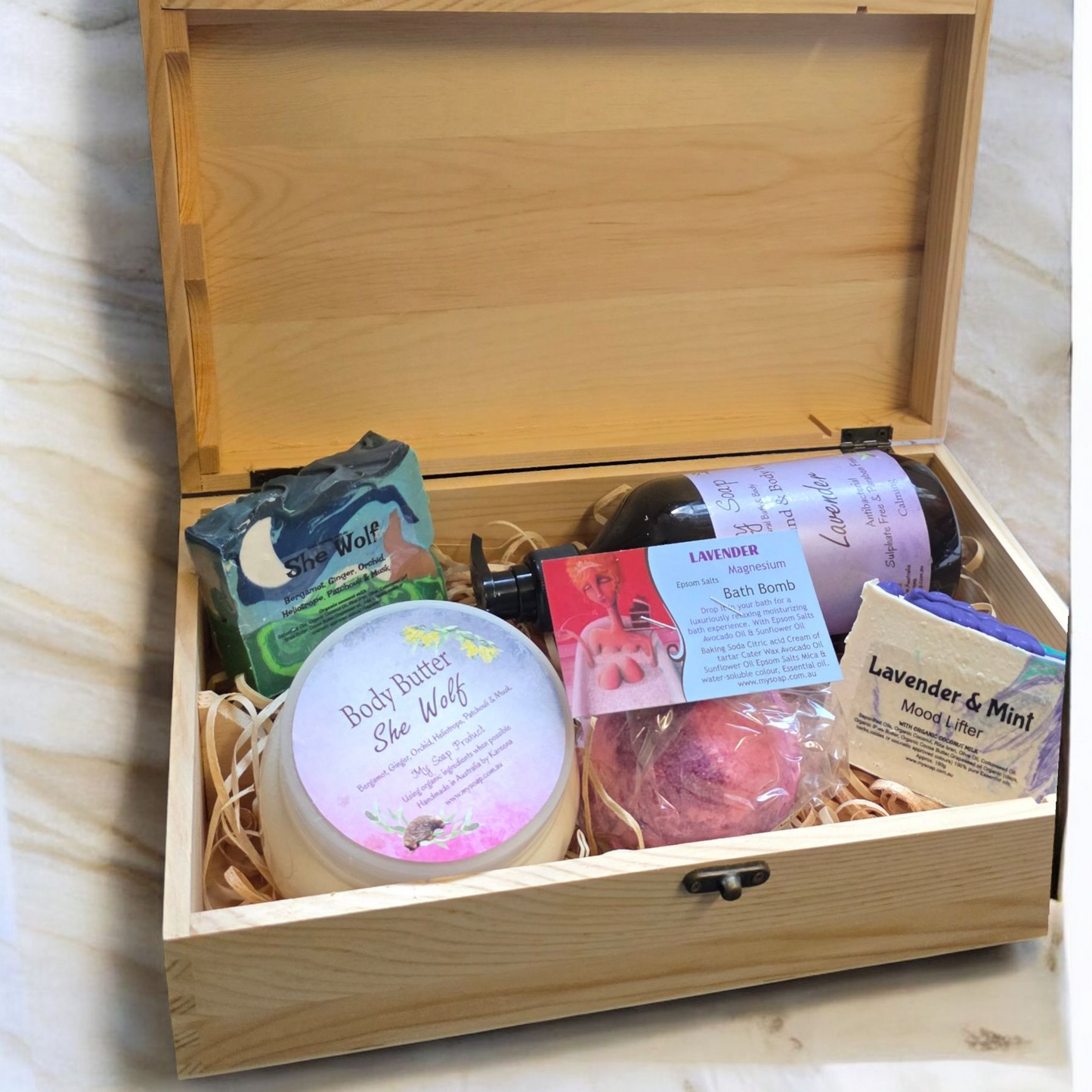 Timber Gift Box with two Soaps, one Bathbomb, Body Butter & Hand and body wash