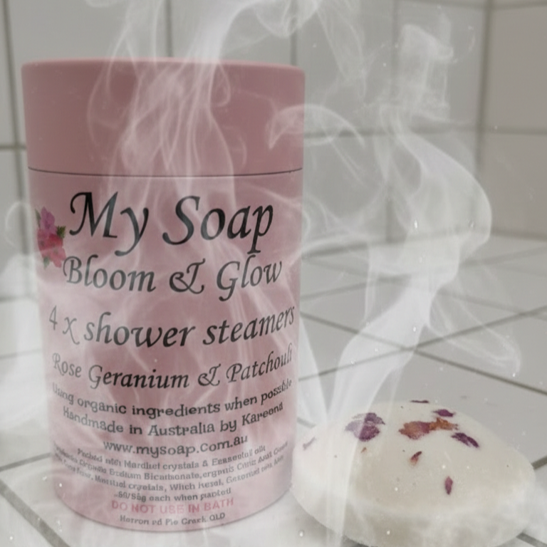 Bloom & Glow shower steamer pack, Rose geranium & Patchouli