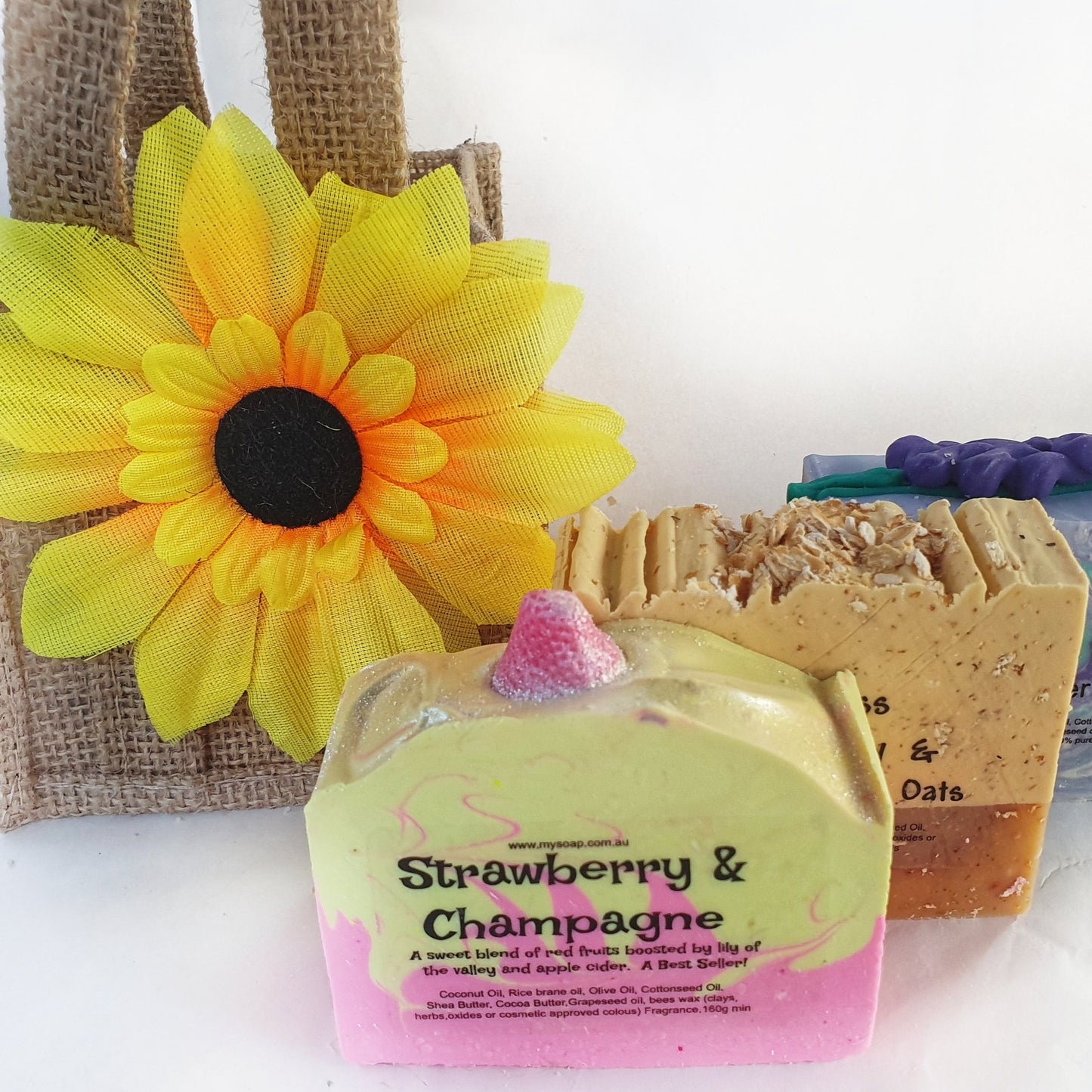 Three Handmade Soaps with Jute Bag