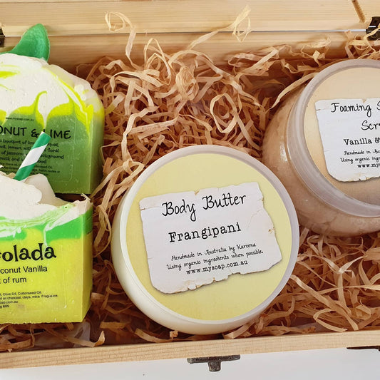 Timber Gift Box with two Soaps, Body Butter & Scrub
